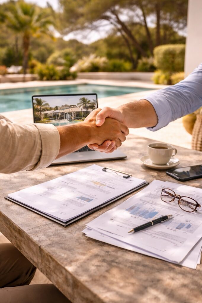 Two people shaking hands over paperwork with a villa listing open on a laptop
