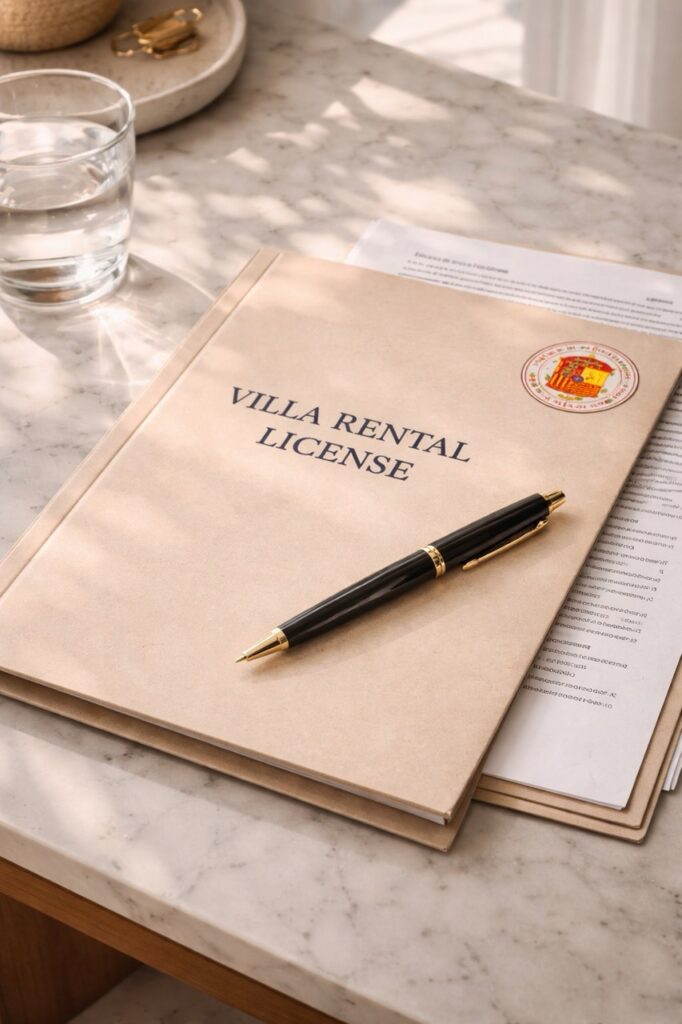 Folder labeled Villa Rental License with an official red seal and a pen on top