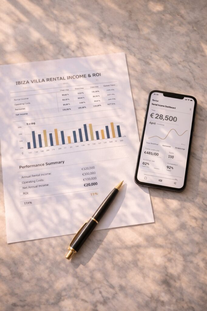 Printed Ibiza Villa Rental Income and ROI report next to a phone showing a 28,500 euro dashboard