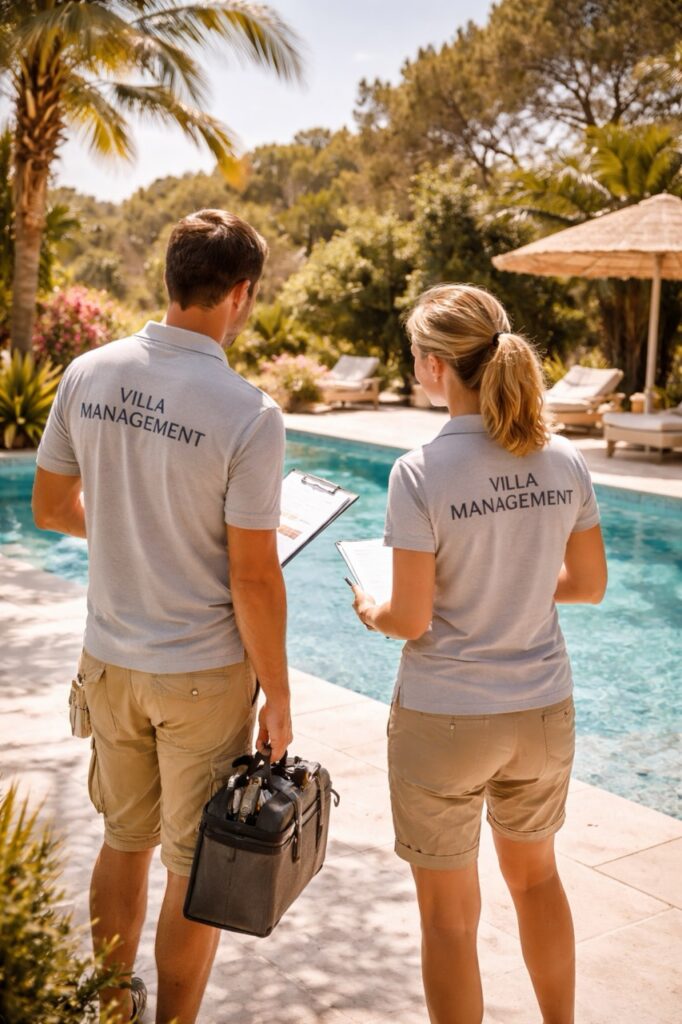 Two staff in Villa Management polo shirts holding clipboards beside a villa pool