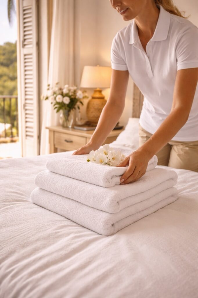 Housekeeper's hands arranging folded white towels topped with an orchid on a bed