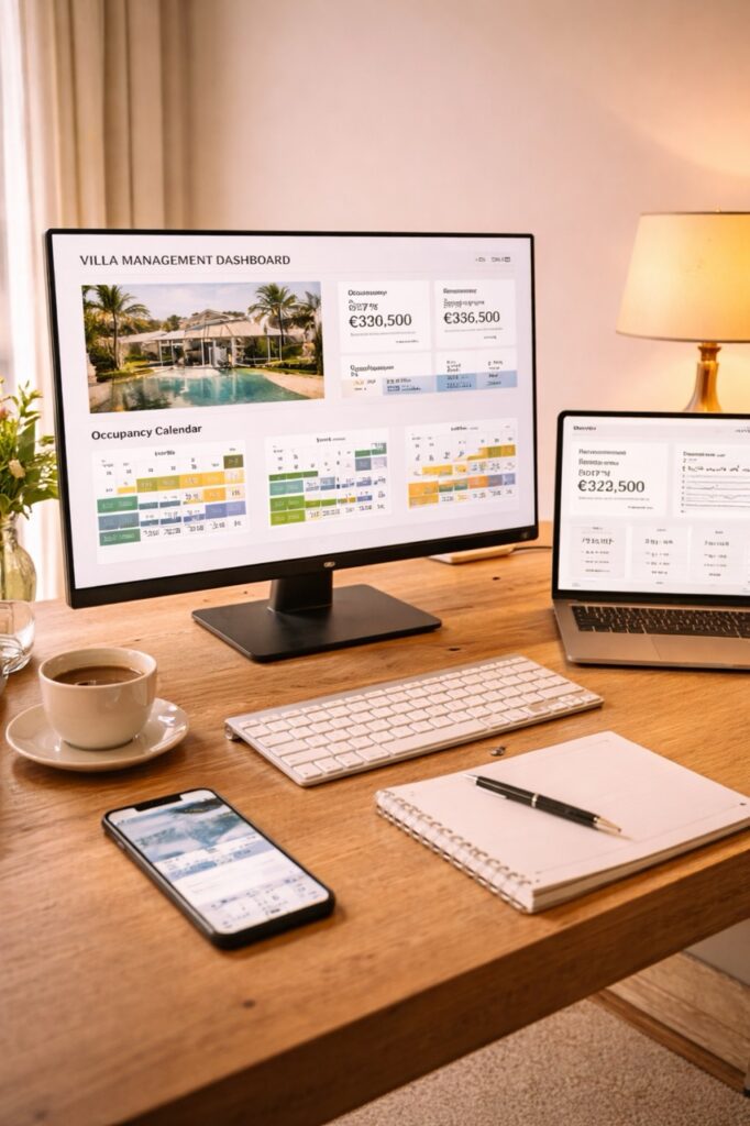 Villa management dashboard with an occupancy calendar on a desktop monitor beside a laptop and phone