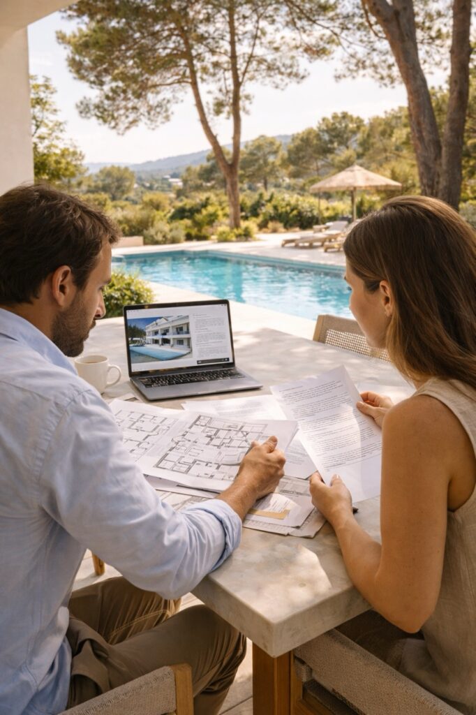 Couple reviewing floor plans and a villa listing on a laptop at a poolside table