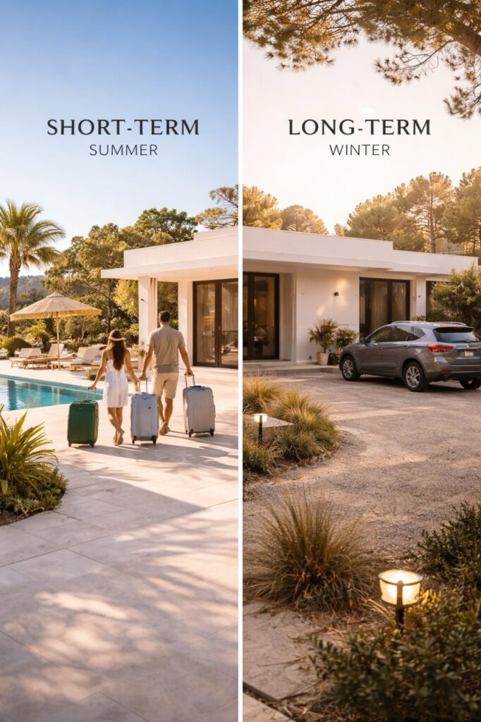 Split image contrasting a summer poolside scene with a villa's quiet winter driveway