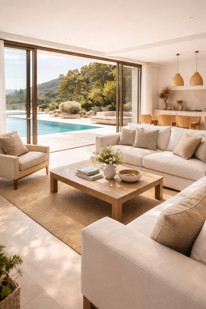 Bright open-plan living room with white sofas opening onto a pool and green hillside