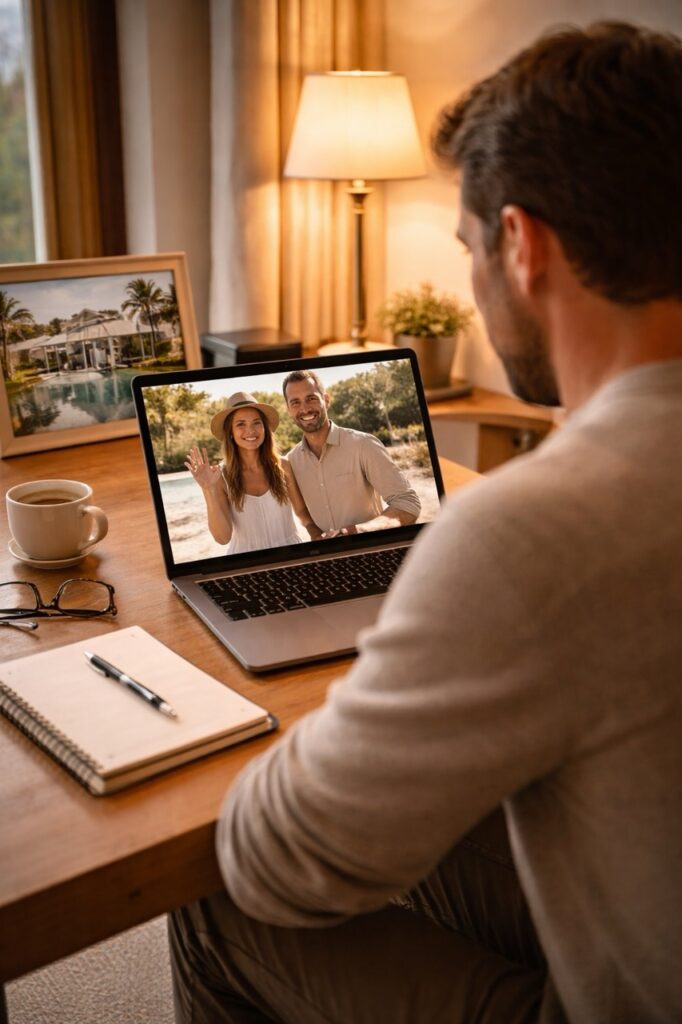 Man on a laptop video call with a smiling, waving couple outdoors